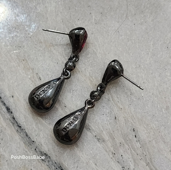 Givenchy Red Crystal Teardrop Dangle Earrings Silver Tone - Picture 4 of 6